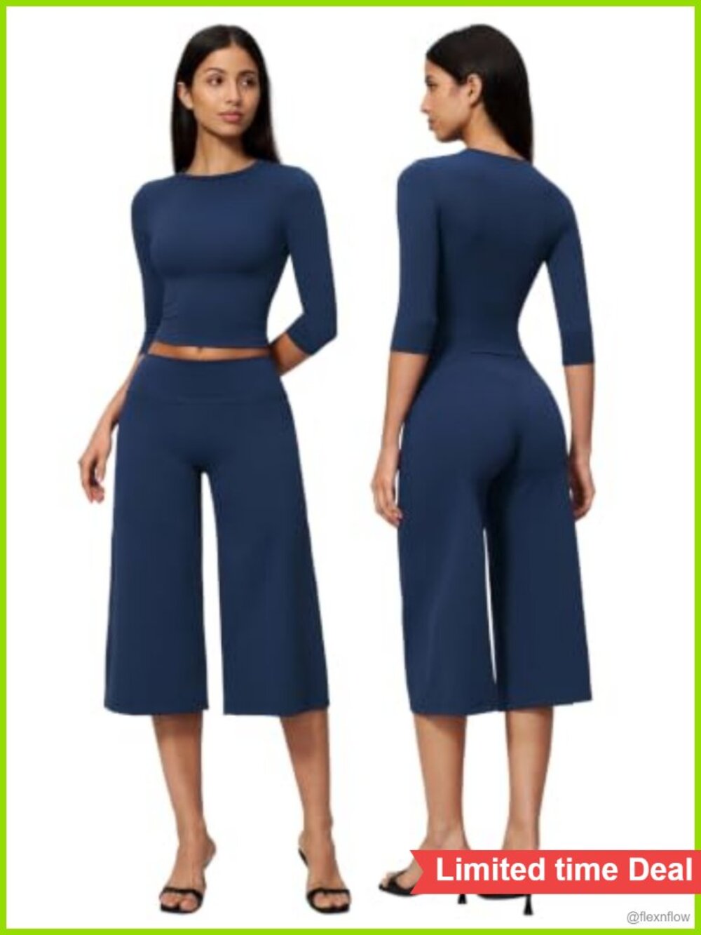 Women's 2 Piece Workout Set 3/4 Sleeve Top Gaucho Pants Yoga Gym Activewear